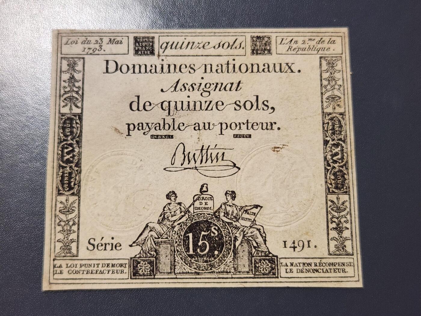 11月19号晚上8点 外国纸币自动截拍第61场 法国大革命时期 1793年 指券 (Assignat) 15苏 纸币