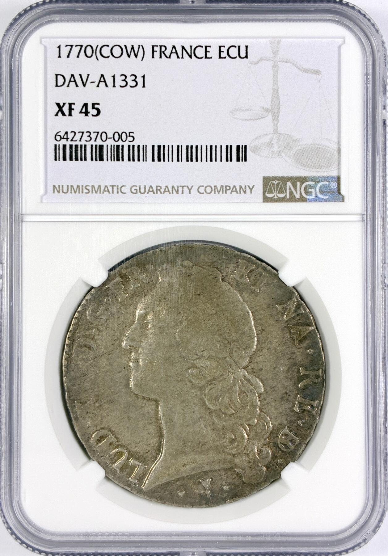 【雨安】【世界币章116期-评级币专场】2025-11-22 周六 19:30 保真【直播拍卖】 [评级法国] France 法国 1埃居 KM#0512 DAV-1331 路易十五 中年 1770年  NGC-XF45