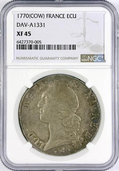 【雨安】【世界币章116期-评级币专场】2025-11-22 周六 19:30 保真【直播拍卖】 - [评级法国] France 法国 1埃居 KM#0512 DAV-1331 路易十五 中年 1770年  NGC-XF45