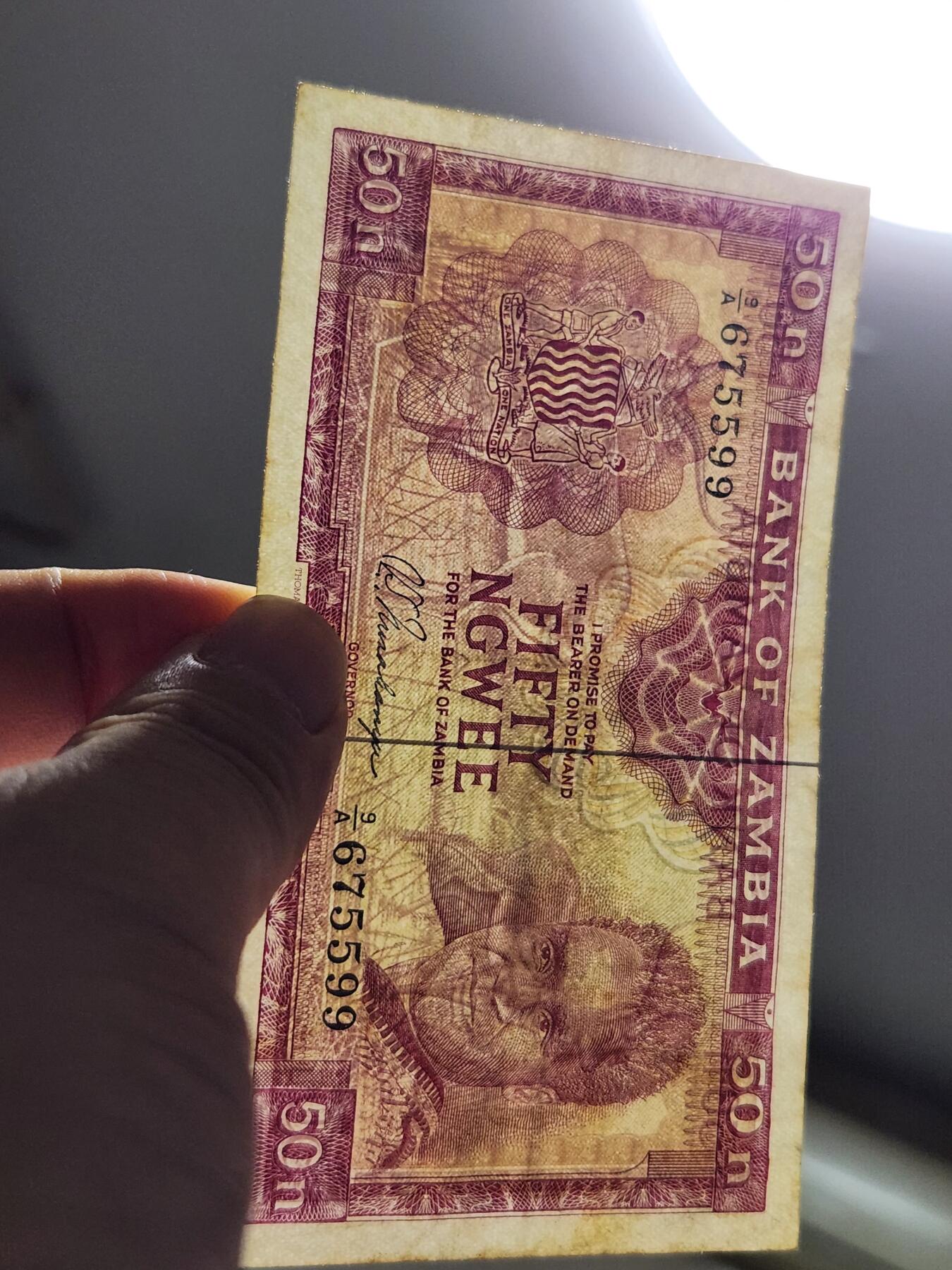 11月19号晚上8点 外国纸币自动截拍第61场 赞比亚 纸币 1969年 50韦恩 签名3 极少 美品