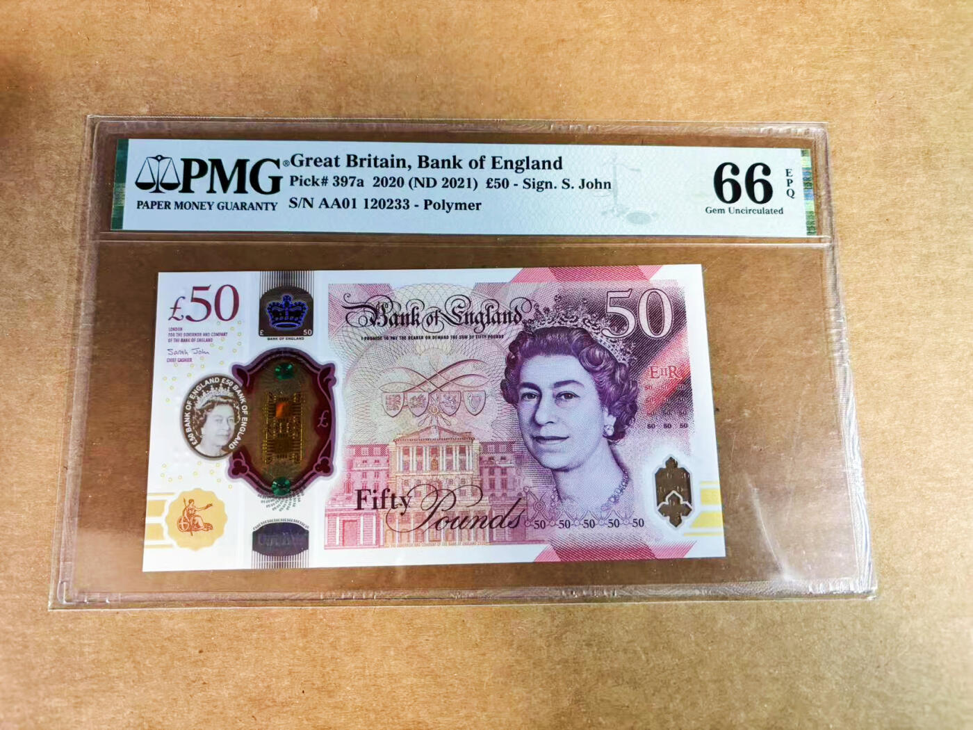 【Blue Auction】世界纸币精拍第752期——18级TOP拍卖/信誉/品质/专业/高效💫 【AA01无47】英国 2021年50镑 PMG66EPQ 