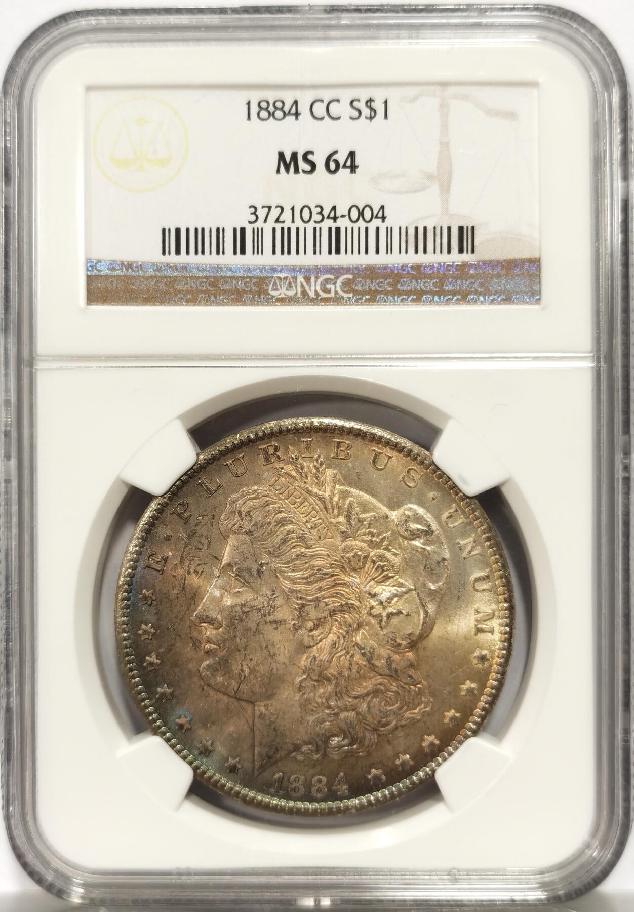 博洋堂藏家专场系列之美国钱币白金之夜专场暨第148期（全场包邮） NGC MS64 美国1884 CC 摩根 卡森厂 双面均匀覆盖极美五彩包浆 此版别难得美艳包浆 收藏佳品