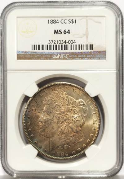 博洋堂藏家专场系列之美国钱币白金之夜专场暨第148期（全场包邮） - NGC MS64 美国1884 CC 摩根 卡森厂 双面均匀覆盖极美五彩包浆 此版别难得美艳包浆 收藏佳品