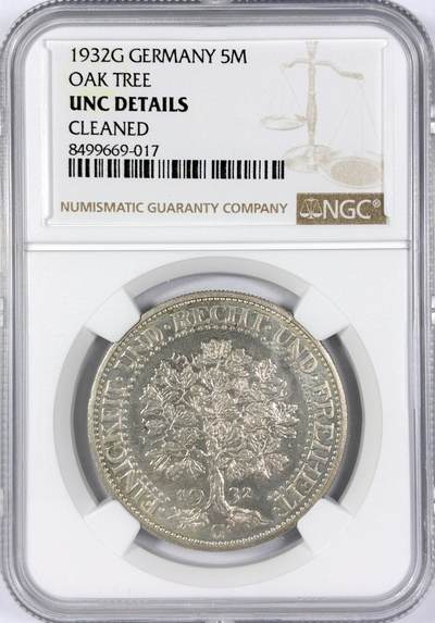 【雨安】【世界币章116期-评级币专场】2025-11-22 周六 19:30 保真【直播拍卖】 - [评级德国] Germany 德国 魏玛 5马克 KM#56 橡树 1932年G  NGC-UNC