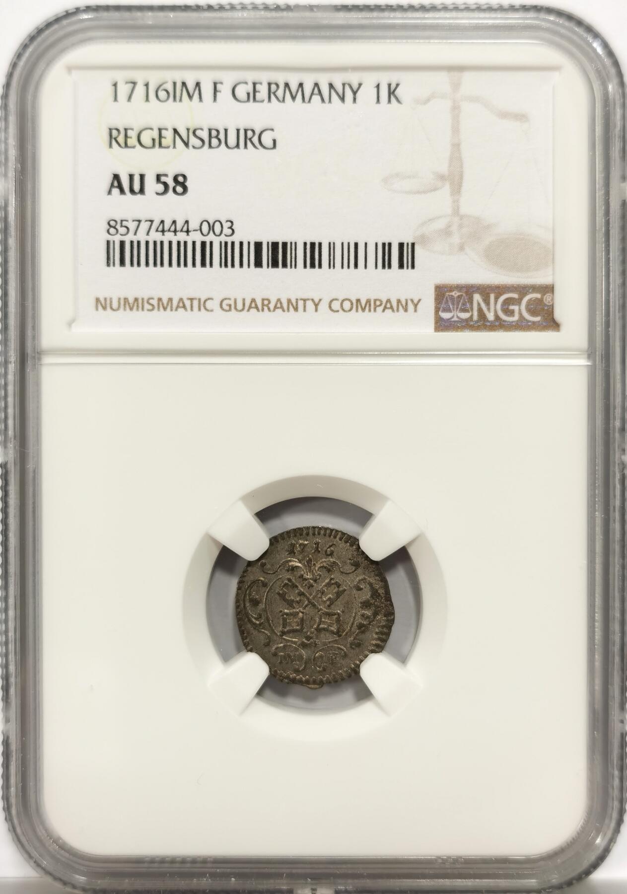 博洋堂世界钱币拍卖第147期（全场包邮） NGC AU58 德国雷根斯堡1716年1克鲁泽银币