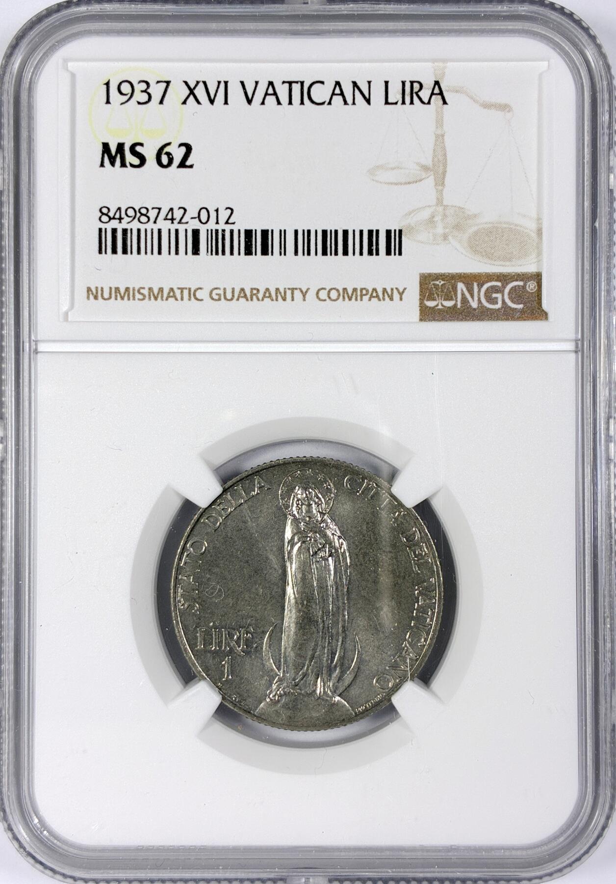 【雨安】【世界币章116期-评级币专场】2025-11-22 周六 19:30 保真【直播拍卖】 [评级欧洲] Vatican 梵蒂冈 1里拉 1937年  NGC-MS62