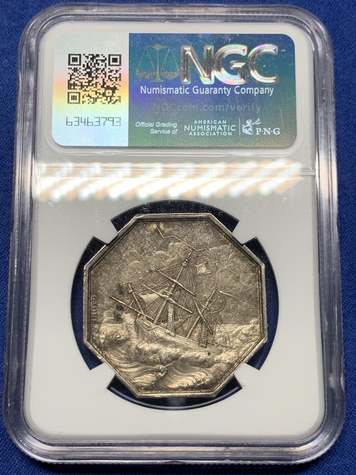 《竞宝斋》第440场 周日，周一，周二 3场连拍 （全场包邮） NGC AU55 法国Dubois＆Caque 梅卢辛海上保险公司八角银质代币