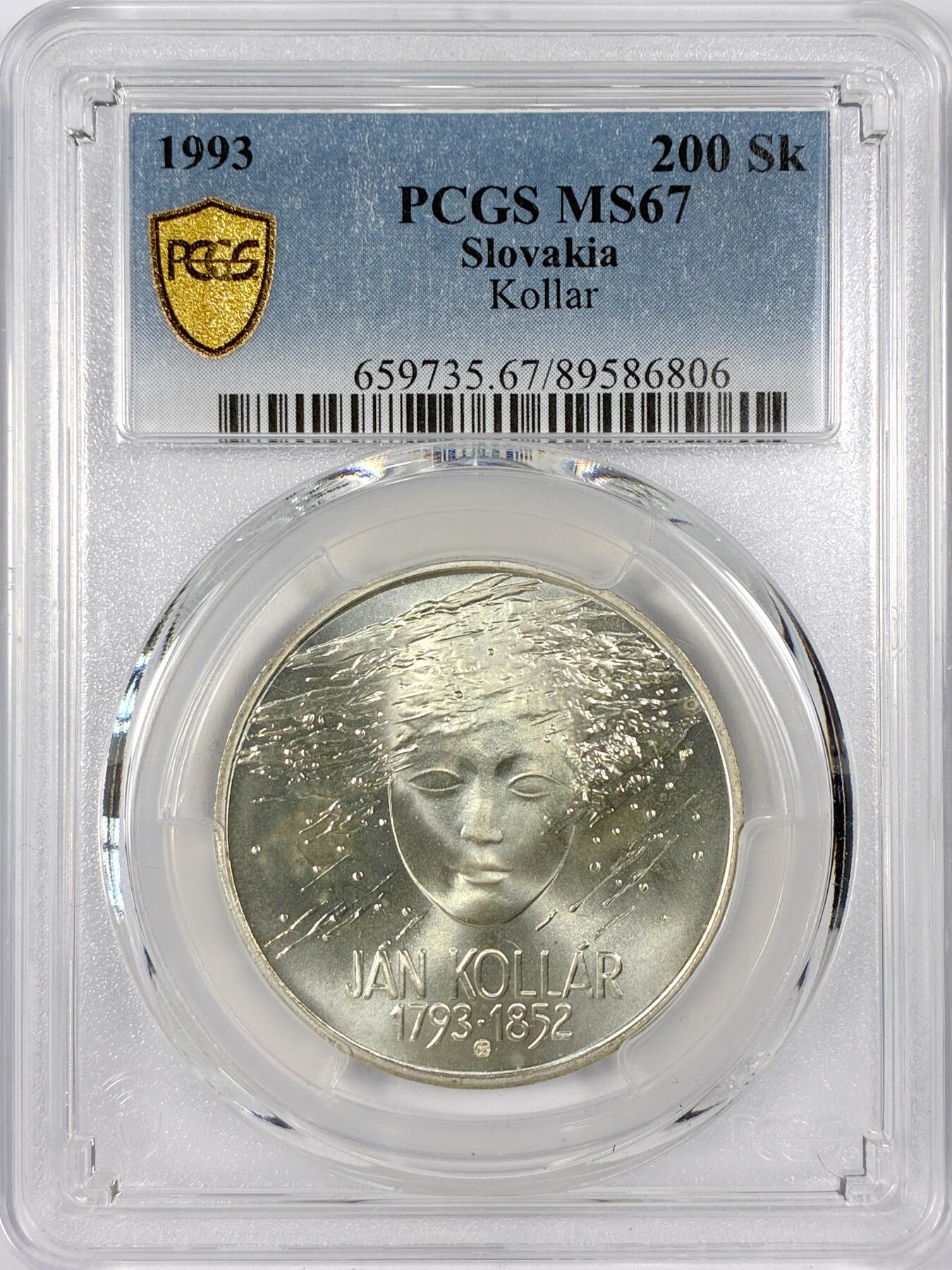 【雨安】【世界币章116期-评级币专场】2025-11-22 周六 19:30 保真【直播拍卖】 [评级现代] Slovakia 斯洛伐克 200克朗 1993年 史学家扬·科拉尔  PCGS-MS67
