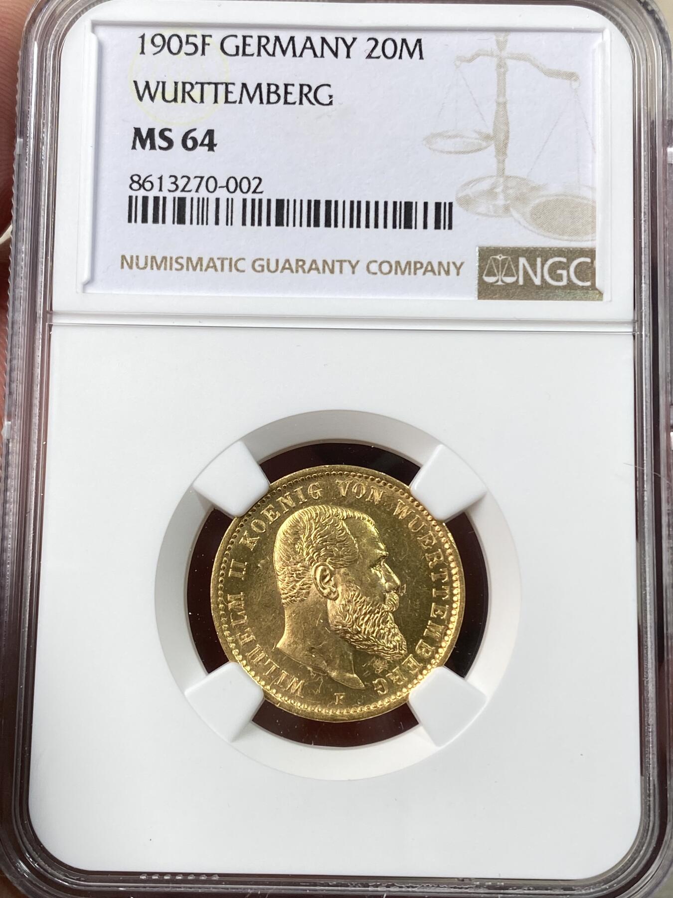 万国钱币拍卖第055期 NGC MS64 1905德国符腾堡威廉二世大胡子流通长翅20马克金币 顶级车轮金光 高分罕见品种 7.96g 900金