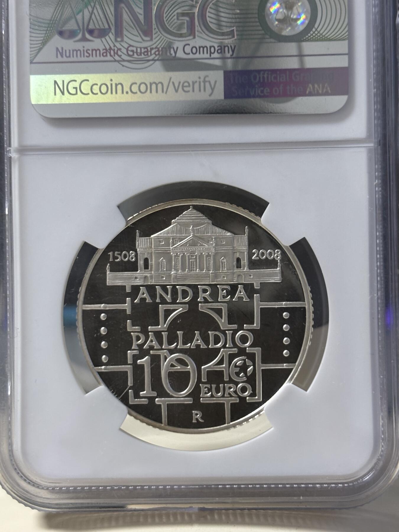 第182期拍卖 2008年意大利10欧元精制银币 欧洲之星系列-安德烈亚·帕拉第奥（意大利建筑师）诞辰500周年 NGC PF67UC（更高评分: 5枚），925银，22克，发行1万6千枚
