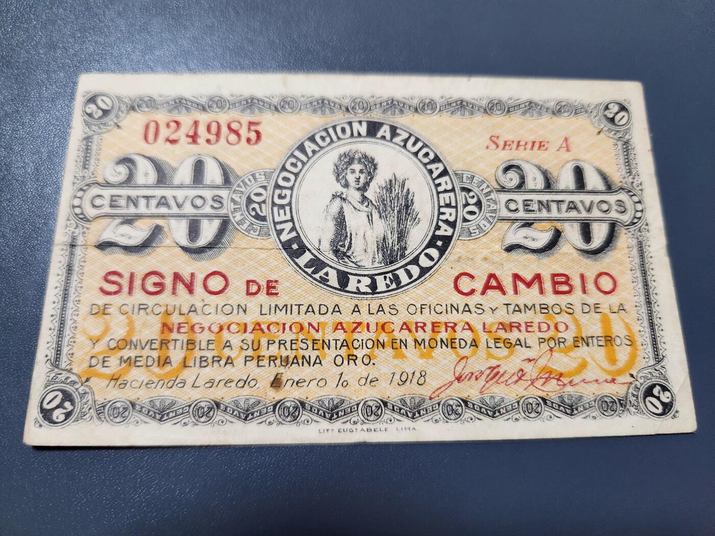 11月19号晚上8点 外国纸币自动截拍第61场 美国拉雷多糖业 1918年20美分 极少