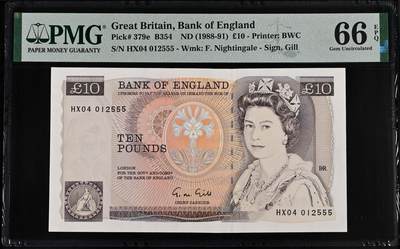 《外钞收藏家》第五百八十六期（品种丰富、精品多）（本平台长期征集拍品、欢迎藏友们联系合作） - 1988-91年英国D序列10镑 PMG66 豹子号555 BWC版