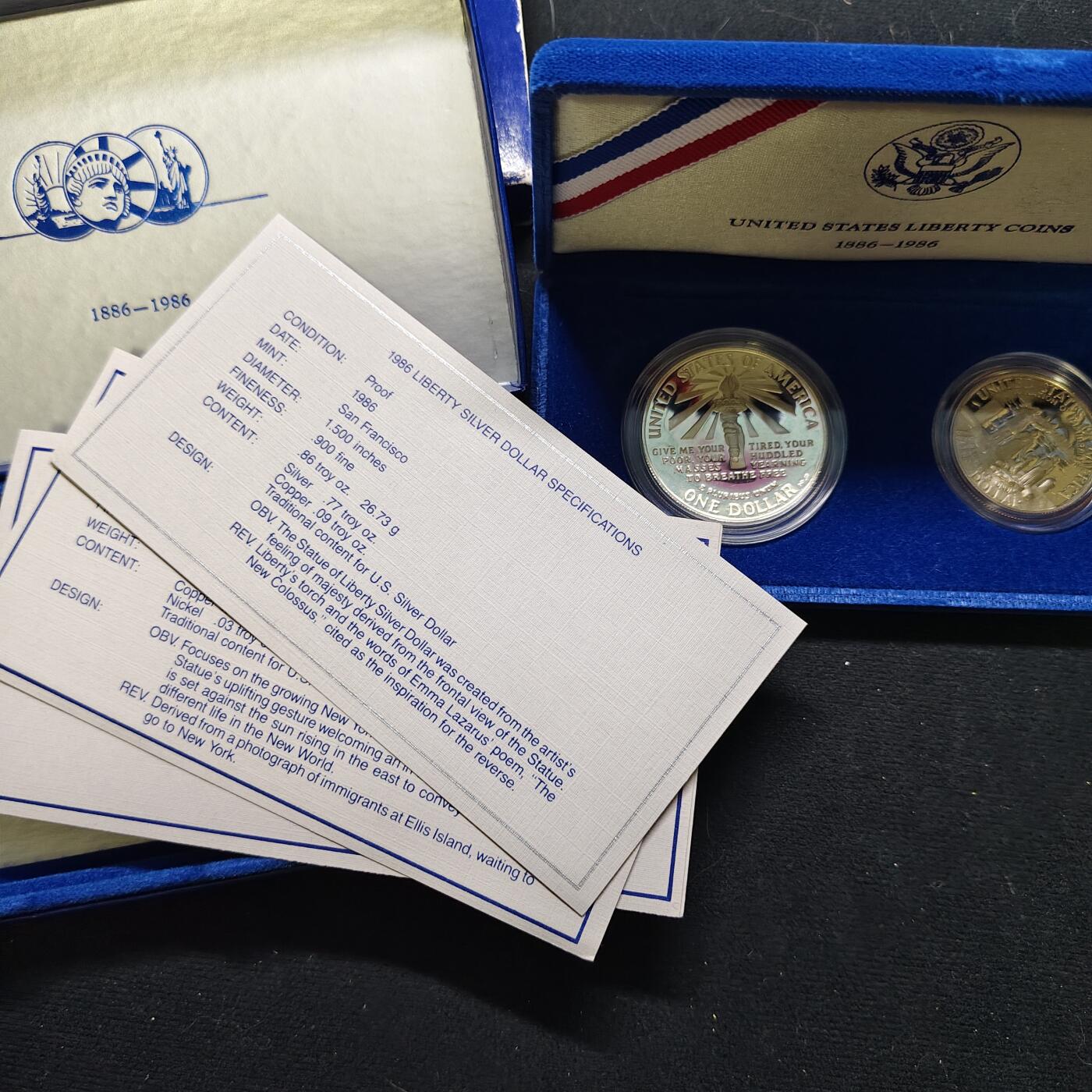 【全场包邮】纯粹捡漏拍479场（免费代拍第16场） 美国1986年自由女神像建立100周年精制纪念银镍2枚全套-盒证全