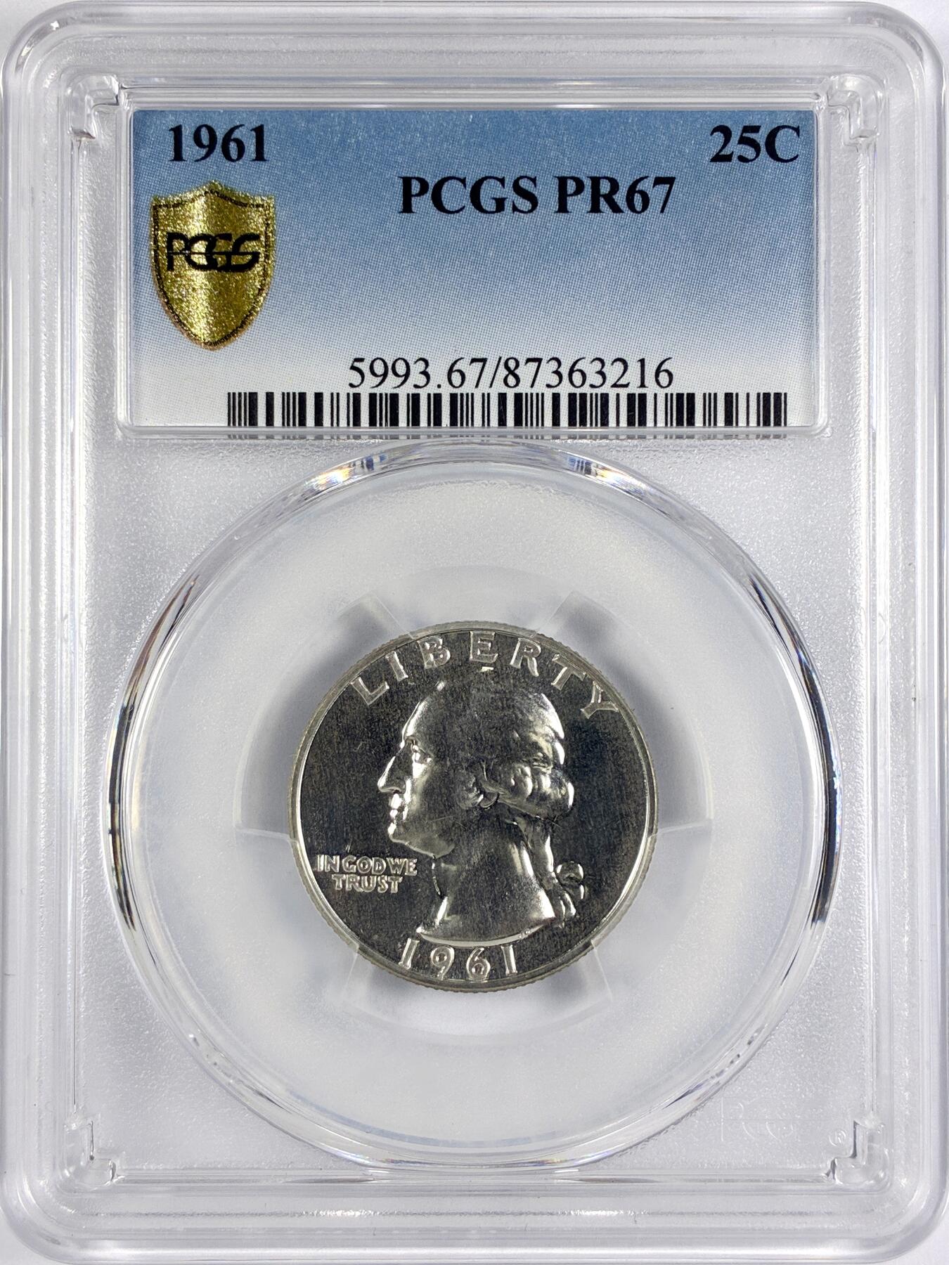 【雨安】【世界币章116期-评级币专场】2025-11-22 周六 19:30 保真【直播拍卖】 [评级美洲] USA 美国 25美分 KM#0164 (1932-1964) 华盛顿 1961年 PCGS-PR67