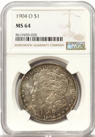博洋堂世界钱币拍卖第147期（全场包邮） - NGC MS64 美国1904年摩根银币，极美绚丽双面五彩，转光强烈，非常难得的美彩。