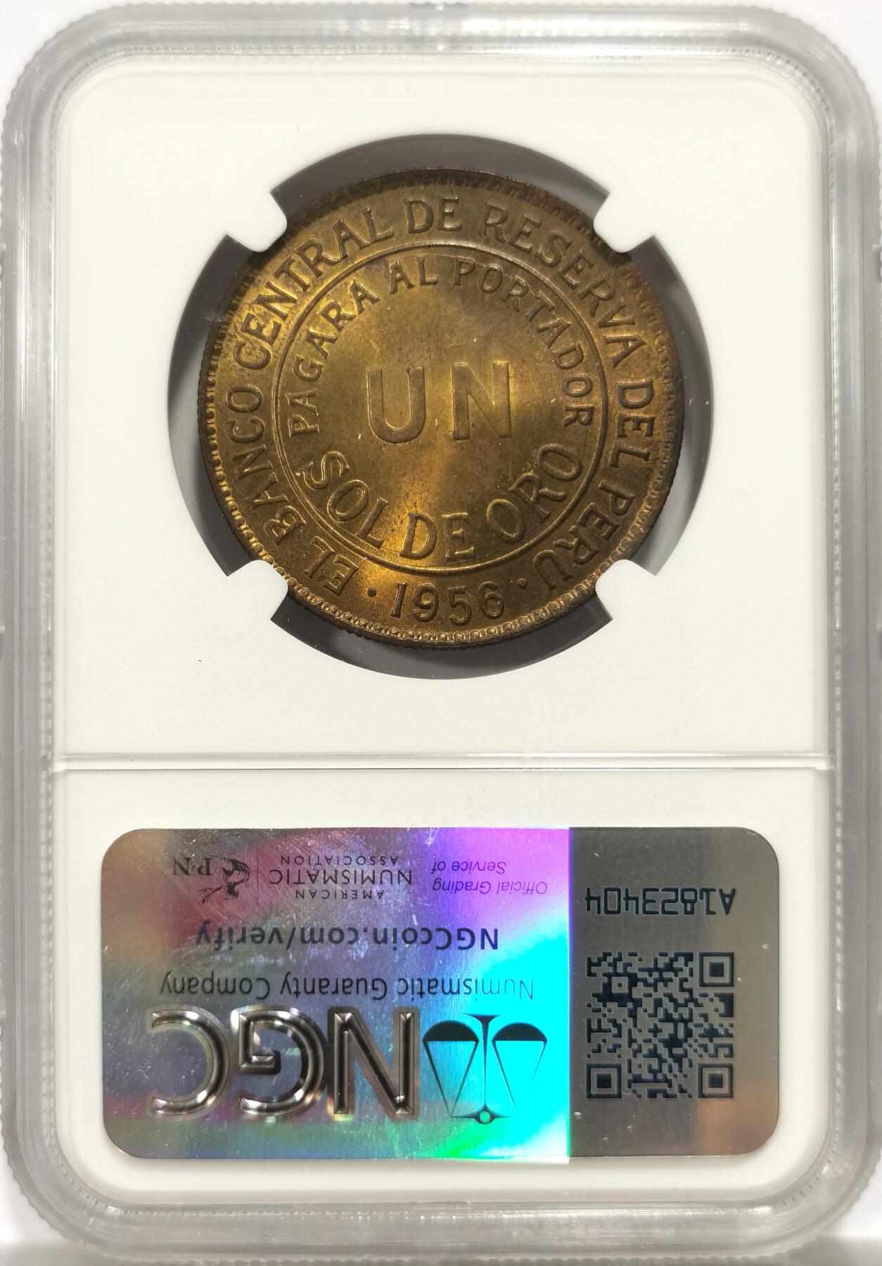 博洋堂世界钱币拍卖第147期（全场包邮） 亚军分 NGC MS63 秘鲁1956年1索尔大铜币 少见品种，南美主币有潜力。