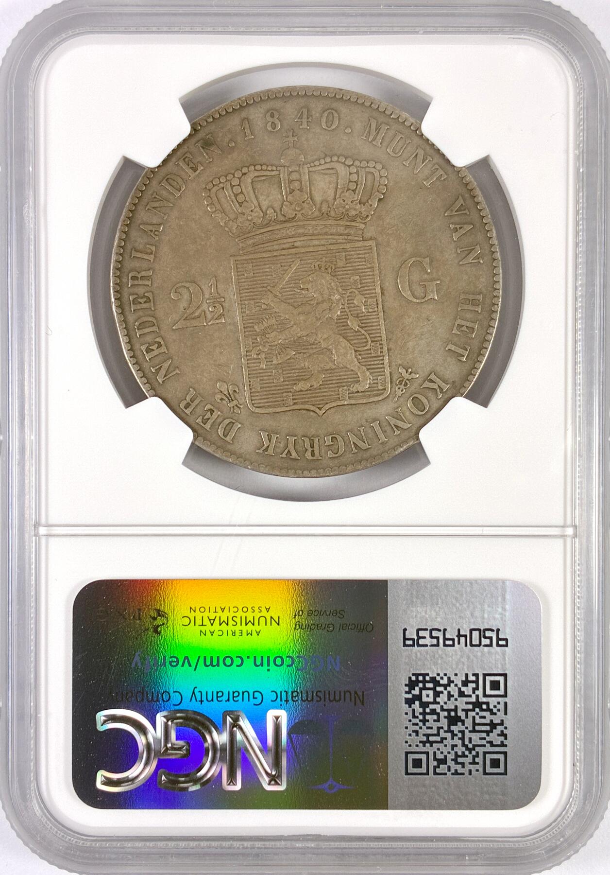 【雨安】【世界币章116期-评级币专场】2025-11-22 周六 19:30 保真【直播拍卖】 [评级欧洲] Netherlands 荷兰 王国 2.5盾 1840年 威廉一世 NGC-XF