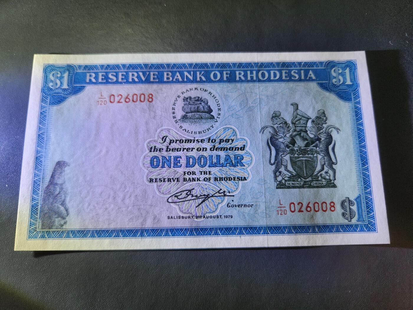 11月19号晚上8点 外国纸币自动截拍第61场 罗德西亚1979年1新品 动物水印026008好号