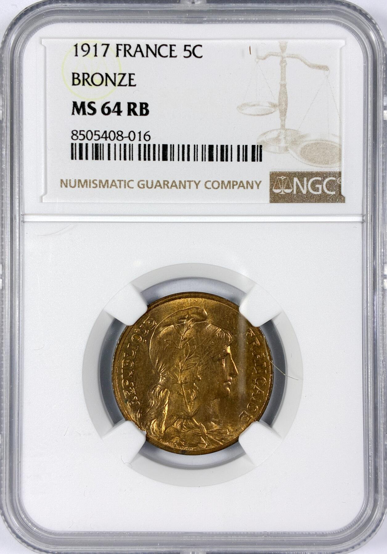 【雨安】【世界币章116期-评级币专场】2025-11-22 周六 19:30 保真【直播拍卖】 [评级法国] France 法国 5分 1917年  NGC-MS64