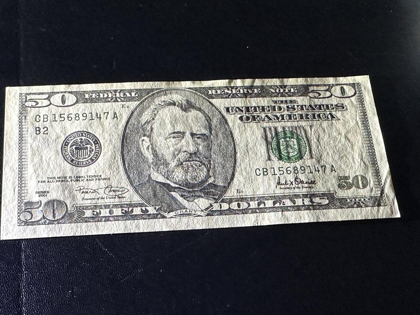 《外钞收藏家》第五百八十六期（品种丰富、精品多）（本平台长期征集拍品、欢迎藏友们联系合作） 2001年美国大头版50美元 UNC-