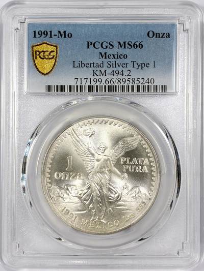 【雨安】【世界币章116期-评级币专场】2025-11-22 周六 19:30 保真【直播拍卖】 - [评级现代] Mexico 墨西哥 投资银 自由女神 1盎司 1991年  PCGS-MS66