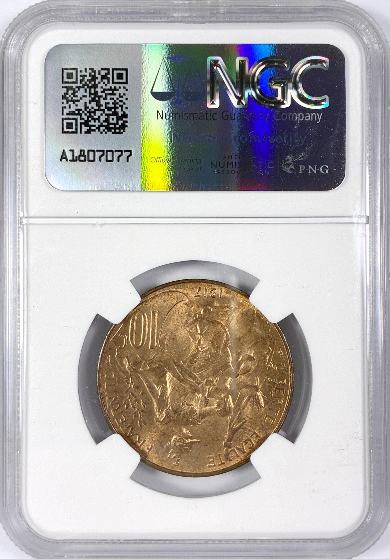 【雨安】【世界币章116期-评级币专场】2025-11-22 周六 19:30 保真【直播拍卖】 [评级法国] France 法国 10分 1917年  NGC-MS64