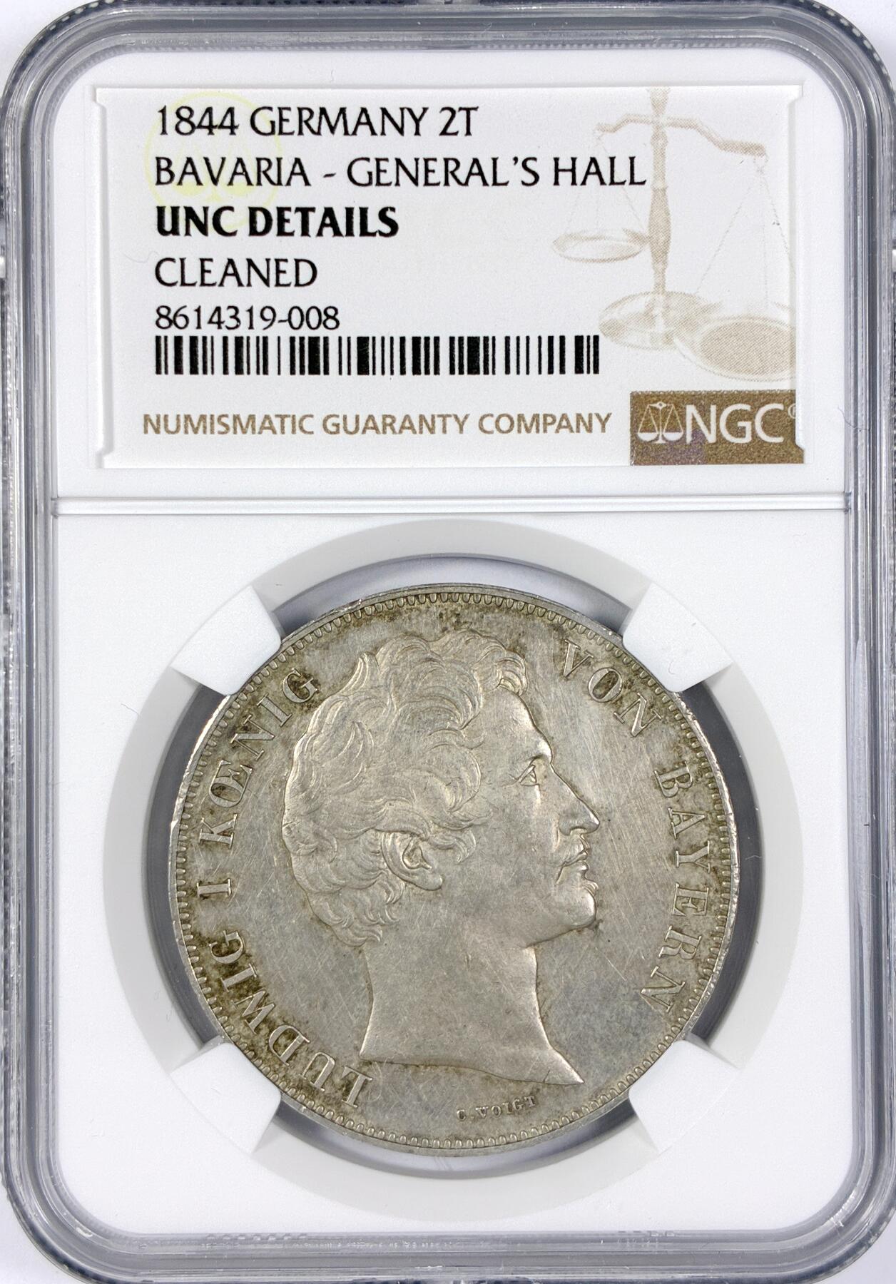 【雨安】【世界币章116期-评级币专场】2025-11-22 周六 19:30 保真【直播拍卖】 [评级德国] Germany 德国 德意志 2泰勒 Bavaria巴伐利亚 历史泰勒 Thun.083 KM#0817 1844年 慕尼黑英雄殿 1844年  NGC-UNC