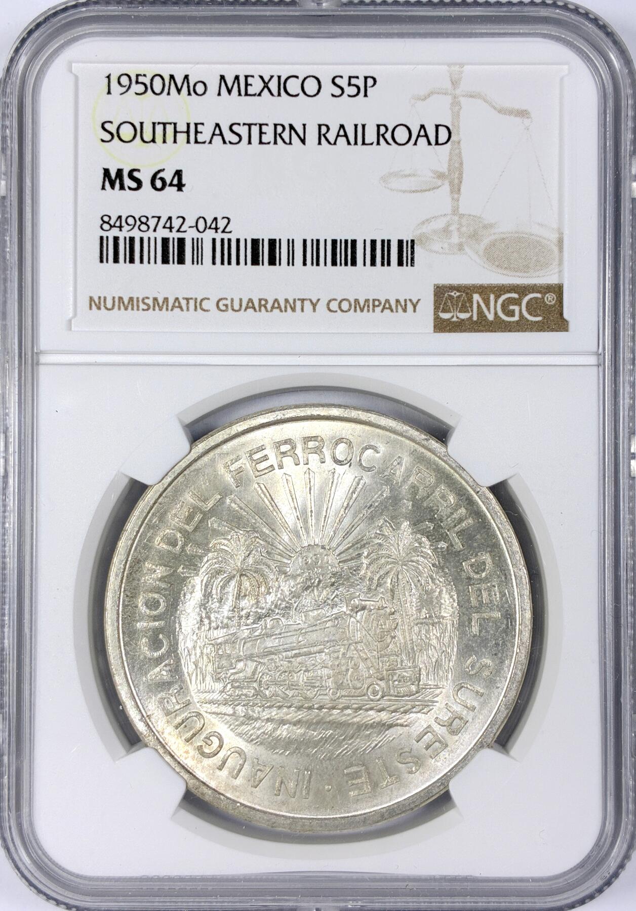 【雨安】【世界币章116期-评级币专场】2025-11-22 周六 19:30 保真【直播拍卖】 [评级美洲] Mexico 墨西哥 5比索 1950年 南部铁路  NGC-MS64