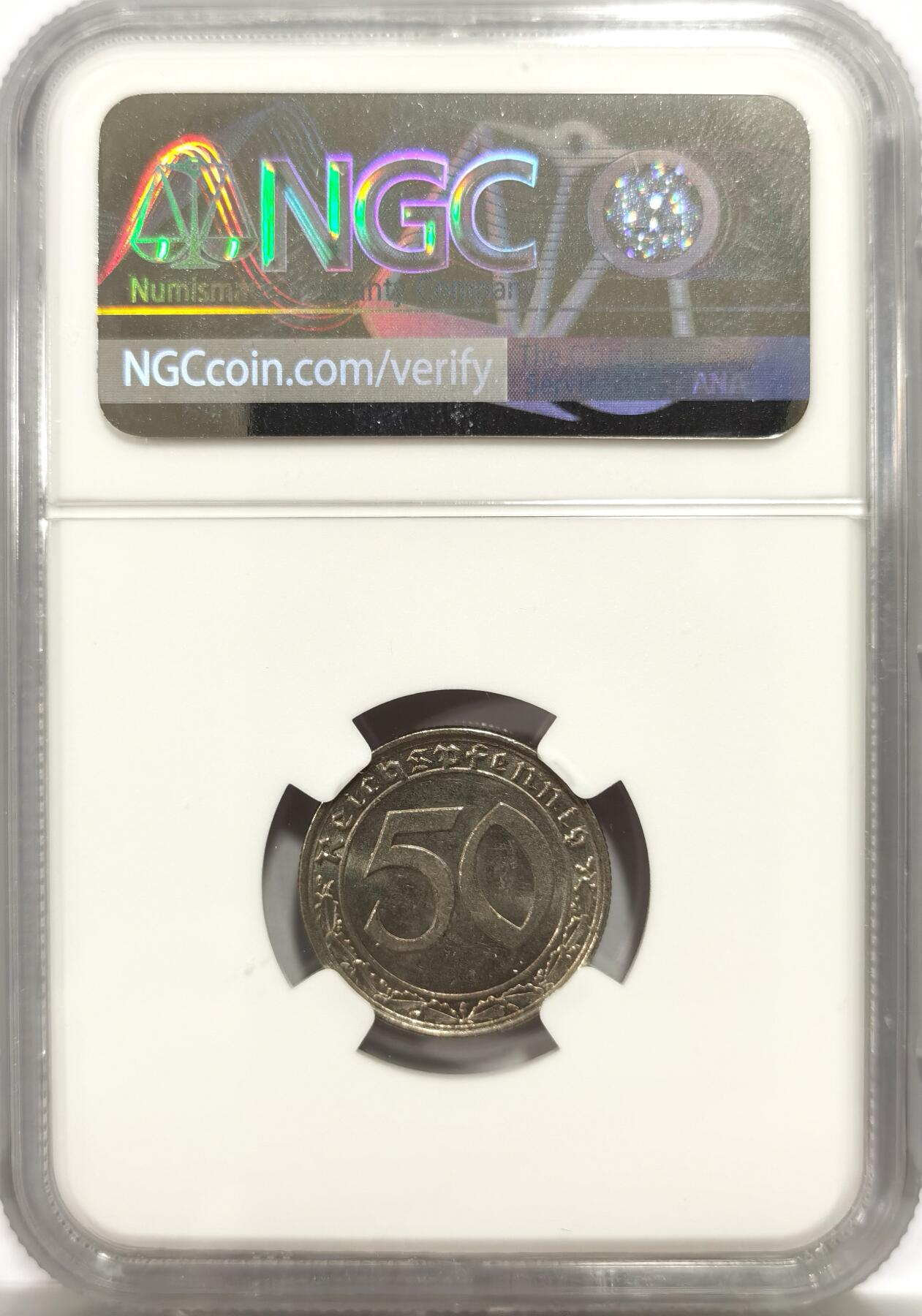 博洋堂世界钱币拍卖第147期（全场包邮） NGC MS63 德国第三帝国1938年A版50芬尼镍币，传说中的回炉坦克币