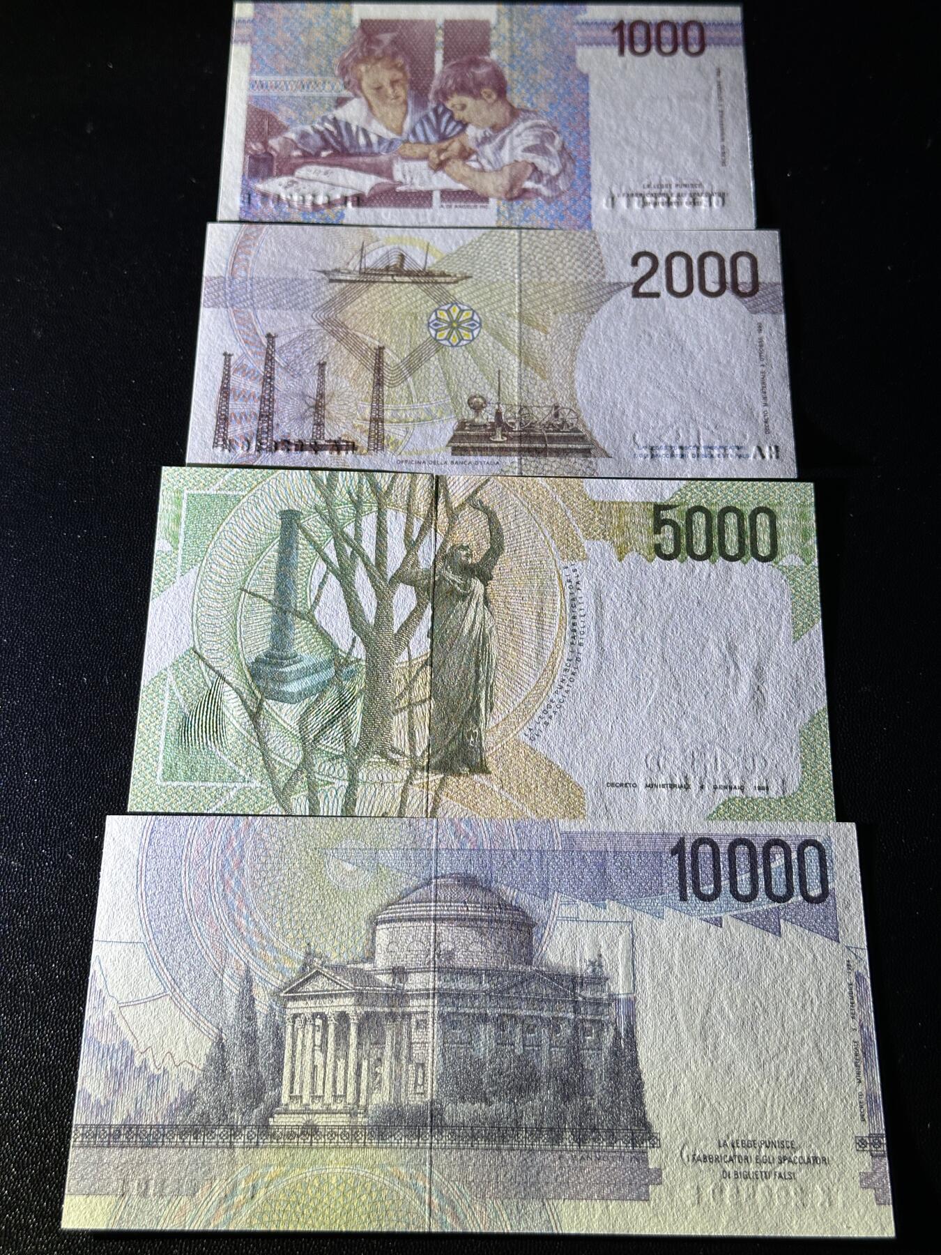 《外钞收藏家》第五百八十六期（品种丰富、精品多）（本平台长期征集拍品、欢迎藏友们联系合作） 意大利10000-1万里拉 四张一起 全新UNC