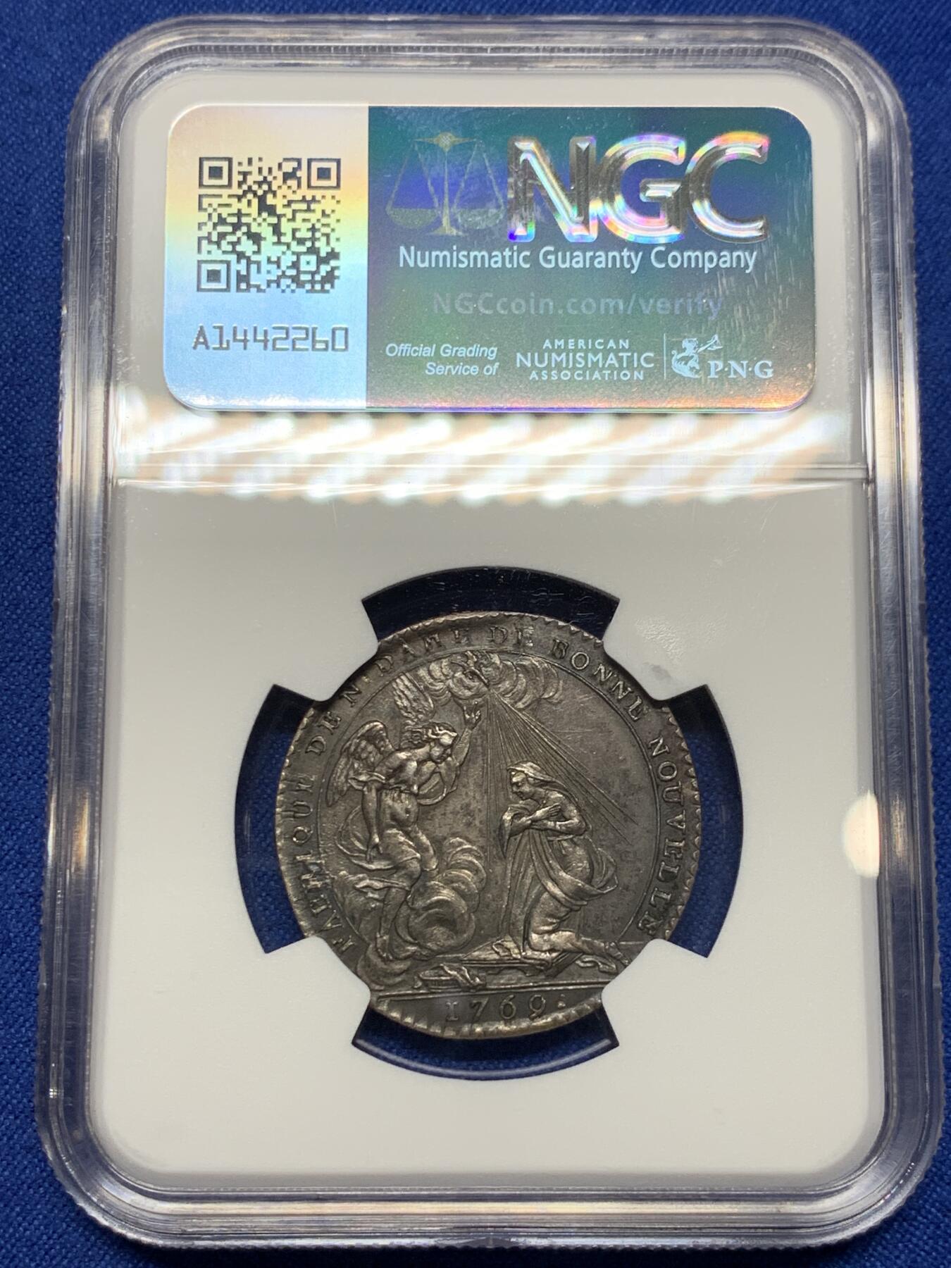 《竞宝斋》第440场 周日，周一，周二 3场连拍 （全场包邮） NGC MS62 法国1769年宗教神职人员大会银质代币