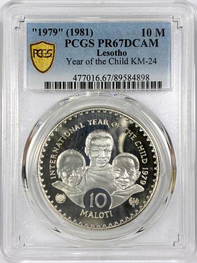 【雨安】【世界币章116期-评级币专场】2025-11-22 周六 19:30 保真【直播拍卖】 - [评级现代] Lesotho 莱索托 10M 1979年 儿童年 PCGS-PR67DCAM