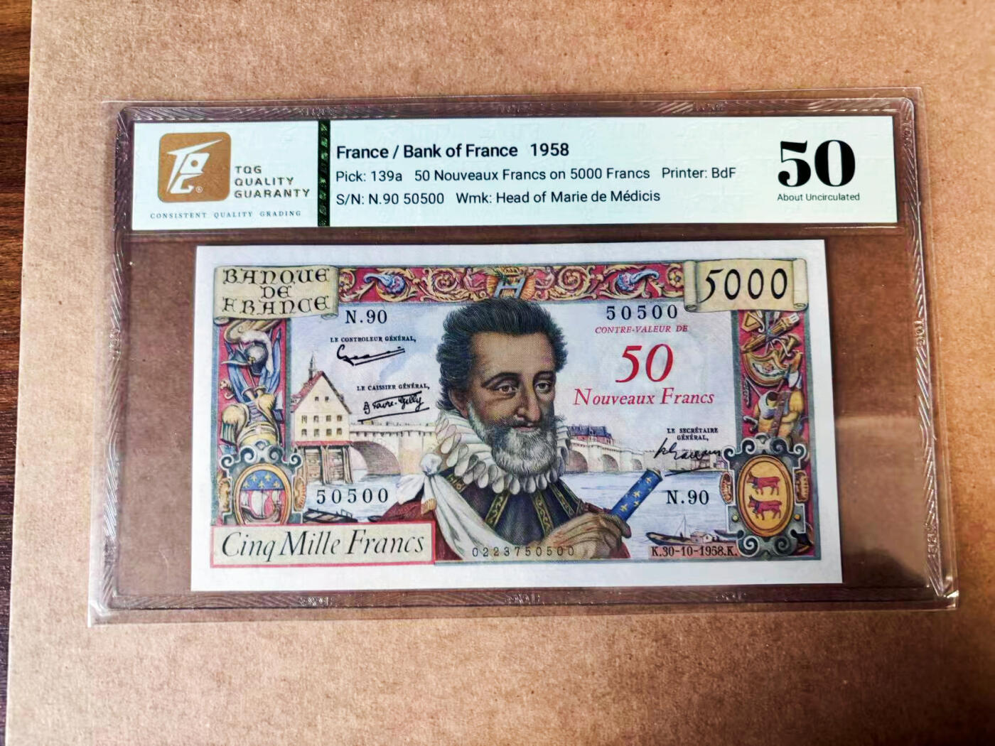 【Blue Auction】世界纸币精拍第752期——18级TOP拍卖/信誉/品质/专业/高效💫  【数二无47 红字加盖过渡版 】法国1958年50新法郎 亨利四世 仅发行一年 TQG50