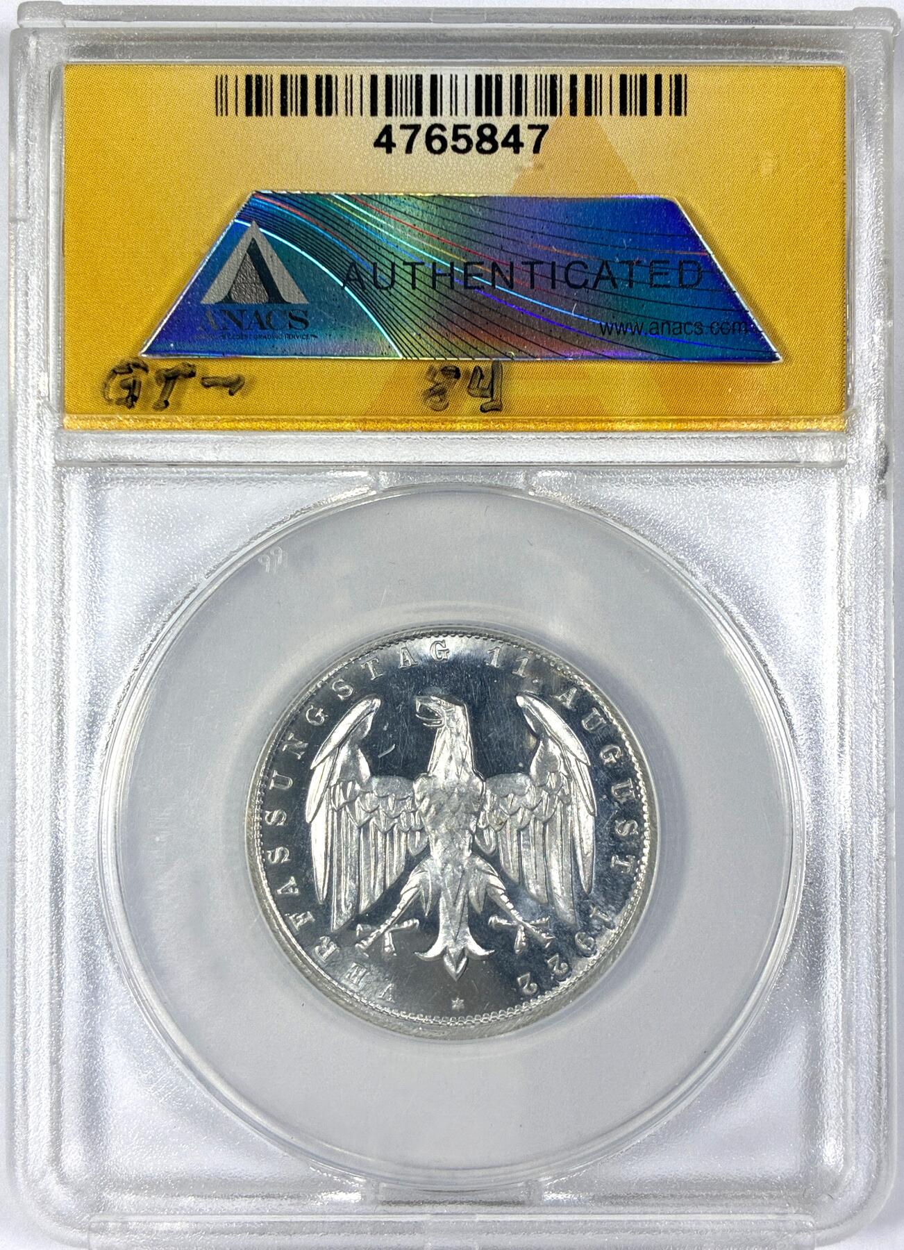 【雨安】【世界币章116期-评级币专场】2025-11-22 周六 19:30 保真【直播拍卖】 [评级德国] Germany 德国 魏玛 3马克 1923年 ANACS-PF63CAMEO