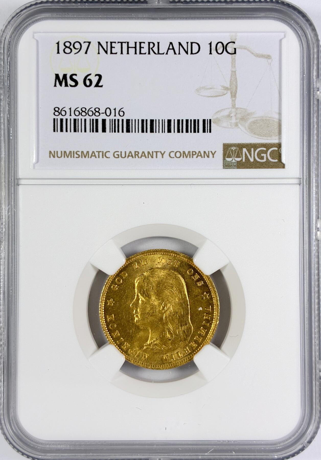 【雨安】【世界币章116期-评级币专场】2025-11-22 周六 19:30 保真【直播拍卖】 [金币] Netherlands 荷兰 王国 10盾 1897年 威廉明娜 少女  NGC-MS62