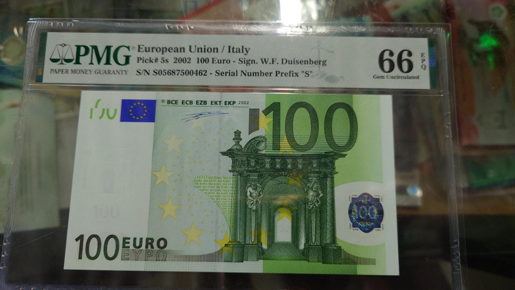 世界钱币～微拍第216期暨2025年第56期  近日新到货品（群里挑剩）选购 2002年100欧元一签 S冠带4号码尾号462 PMG66E