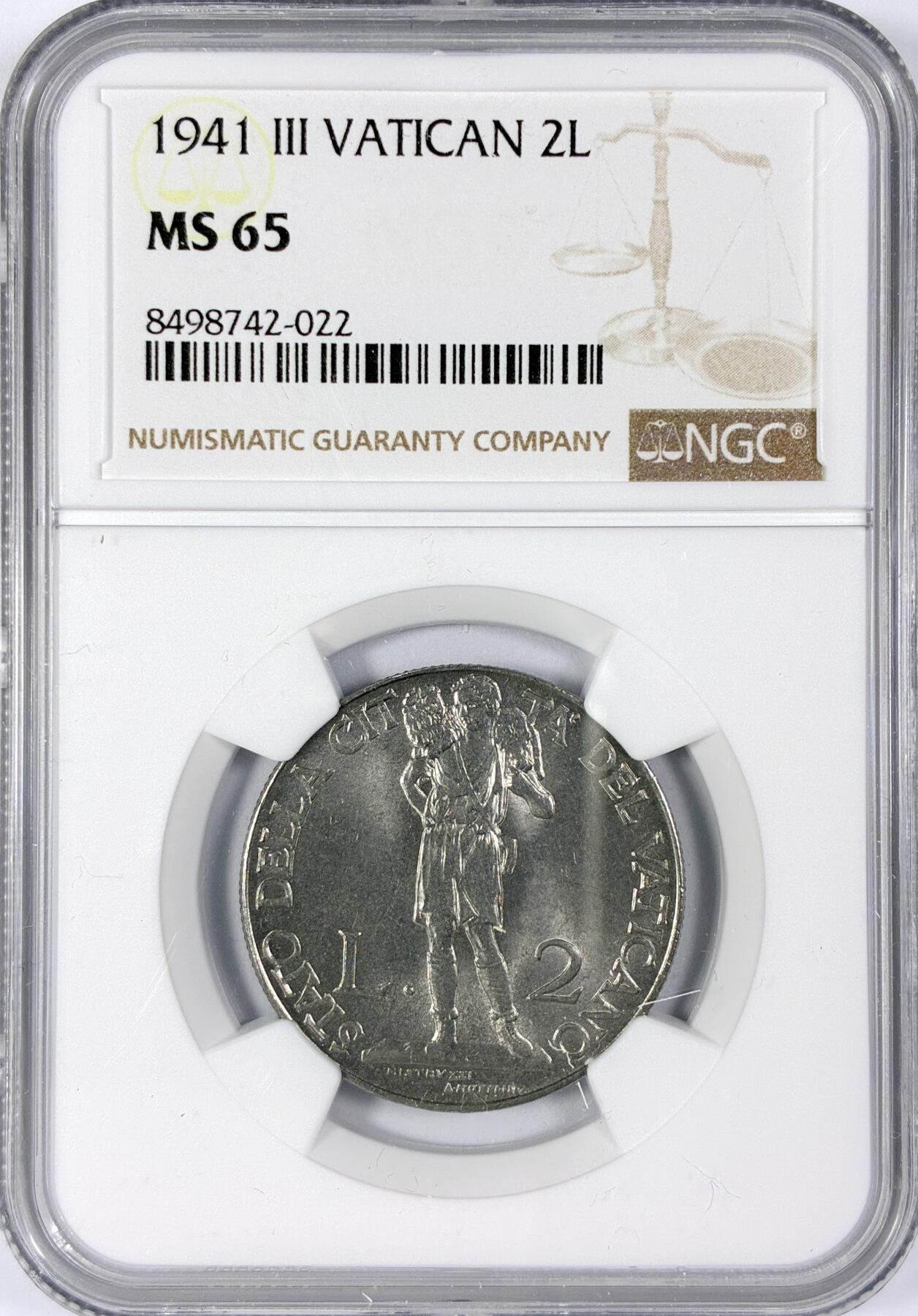 【雨安】【世界币章116期-评级币专场】2025-11-22 周六 19:30 保真【直播拍卖】 [评级欧洲] Vatican 梵蒂冈 2里拉 1941年  NGC-MS65