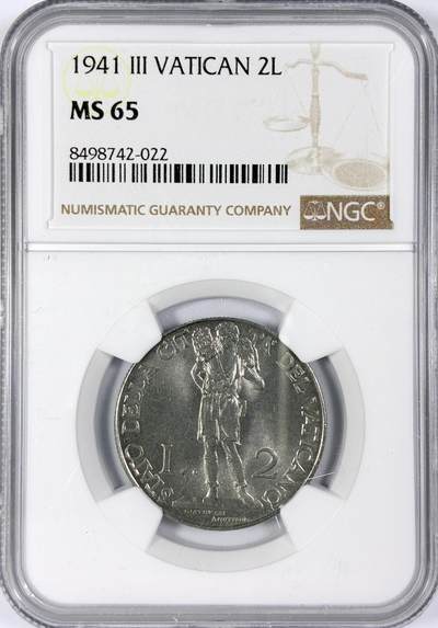 【雨安】【世界币章116期-评级币专场】2025-11-22 周六 19:30 保真【直播拍卖】 - [评级欧洲] Vatican 梵蒂冈 2里拉 1941年  NGC-MS65