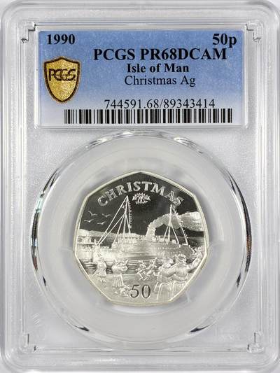 【雨安】【世界币章116期-评级币专场】2025-11-22 周六 19:30 保真【直播拍卖】 - [评级现代] Isle of Man 马恩岛 50便士 1990年 圣诞币 PCGS-PR68DCAM