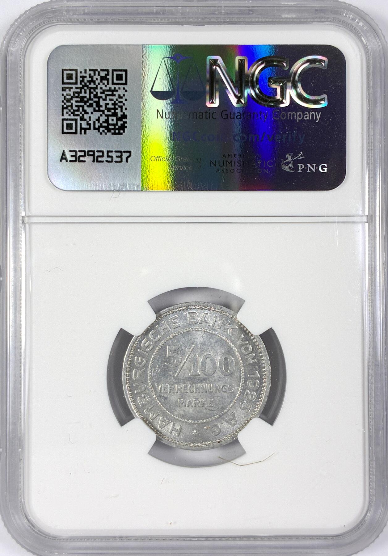 【雨安】【世界币章116期-评级币专场】2025-11-22 周六 19:30 保真【直播拍卖】 [评级德国] Germany 德国 德紧 汉堡 5/100马克 1923年  NGC-MS63