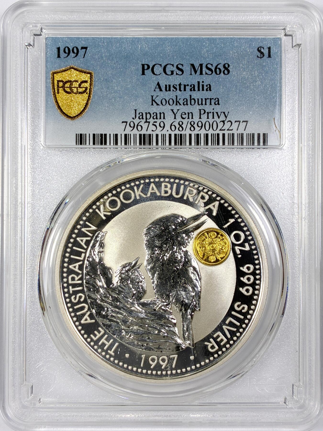 【雨安】【世界币章116期-评级币专场】2025-11-22 周六 19:30 保真【直播拍卖】 [评级现代] Australia 澳大利亚 投资银 笑翠鸟 1盎司 1997年 日本金币版  PCGS-MS68