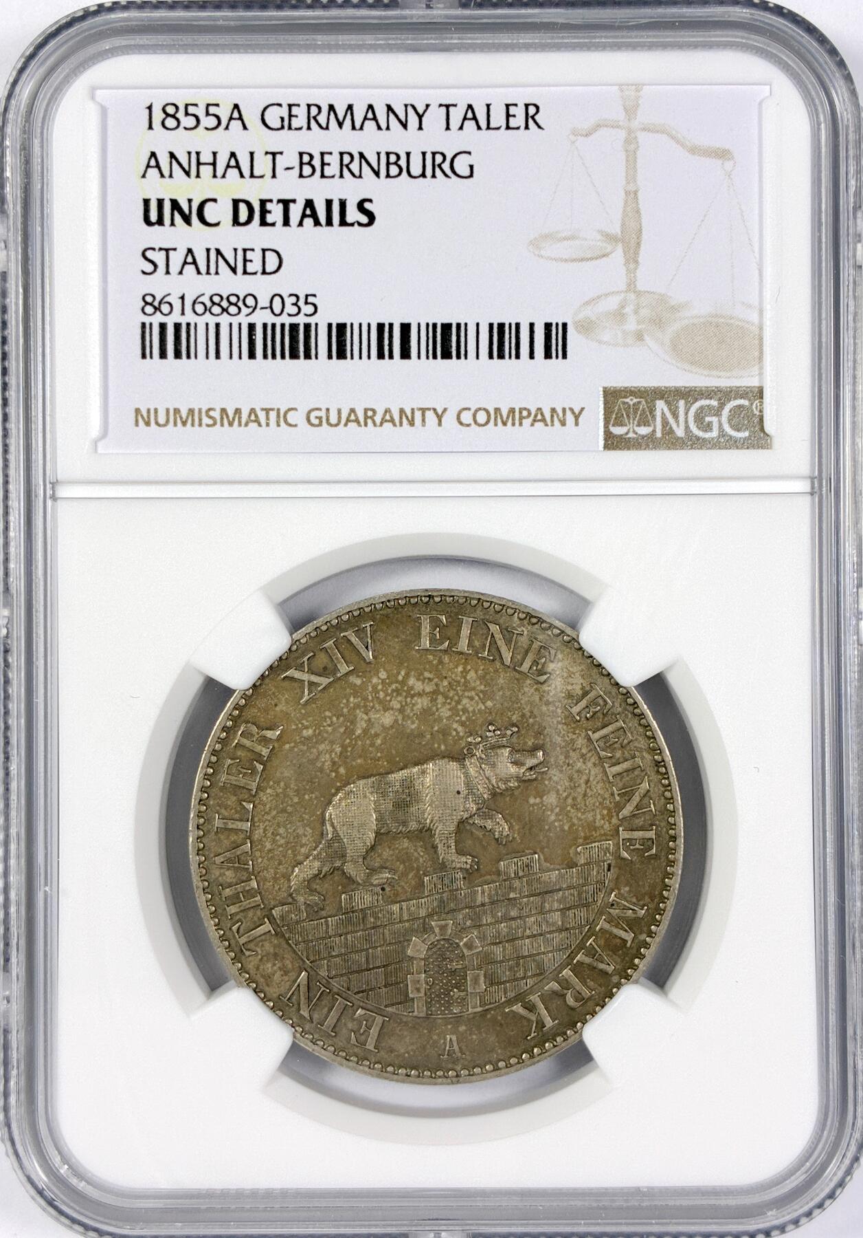 【雨安】【世界币章116期-评级币专场】2025-11-22 周六 19:30 保真【直播拍卖】 [评级德国] Germany 德国 德意志 1泰勒 Anhalt-Bernburg安哈特 Thun.003 KM#0084 (1846-1855) 小熊爬墙.大版 1855年  NGC-UNC