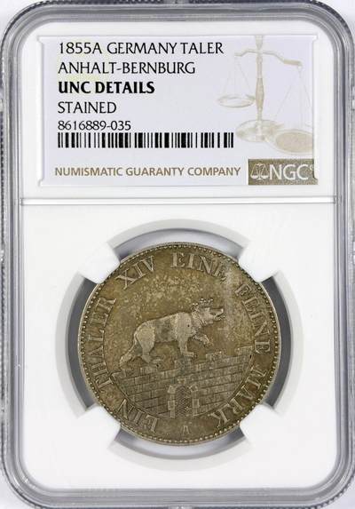 【雨安】【世界币章116期-评级币专场】2025-11-22 周六 19:30 保真【直播拍卖】 - [评级德国] Germany 德国 德意志 1泰勒 Anhalt-Bernburg安哈特 Thun.003 KM#0084 (1846-1855) 小熊爬墙.大版 1855年  NGC-UNC