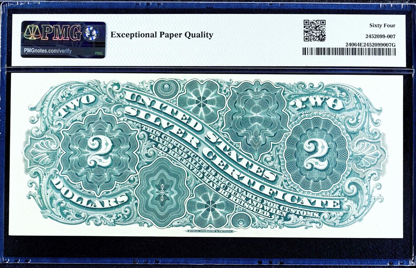 【Blue Auction】世界纸币精拍第752期——18级TOP拍卖/信誉/品质/专业/高效💫     【fr.240首签罕见 39极小号可遇不可求 名家旧藏 季军分】美国 1886年2美金 PMG64EPQ全新原票 大票幅 票面白净油墨佳 南北战争时著名将领汉考克人像雕刻精美 他战绩卓越 获得总统候选人提名 背面几何图案设计复杂独特 （普通的同分7位数长号三年前也拍了5640美金，如此小号价值高很多非常难见到）值得收藏 