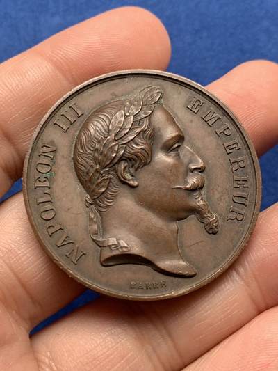 《竞宝斋》第440场 周日，周一，周二 3场连拍 （全场包邮） - 法国拿破仑三世头像阿让唐农业展铜章，33.35g，41.1mm，蜜蜂边铭