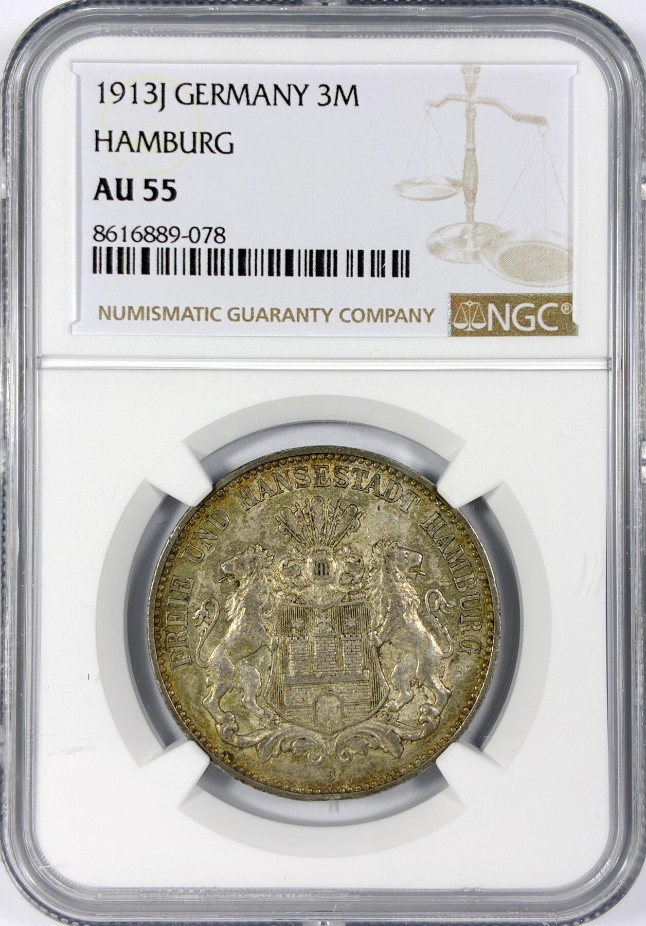 【雨安】【世界币章116期-评级币专场】2025-11-22 周六 19:30 保真【直播拍卖】 [评级德国] Germany 德国 帝国 汉堡 3马克 1913年  NGC-AU55