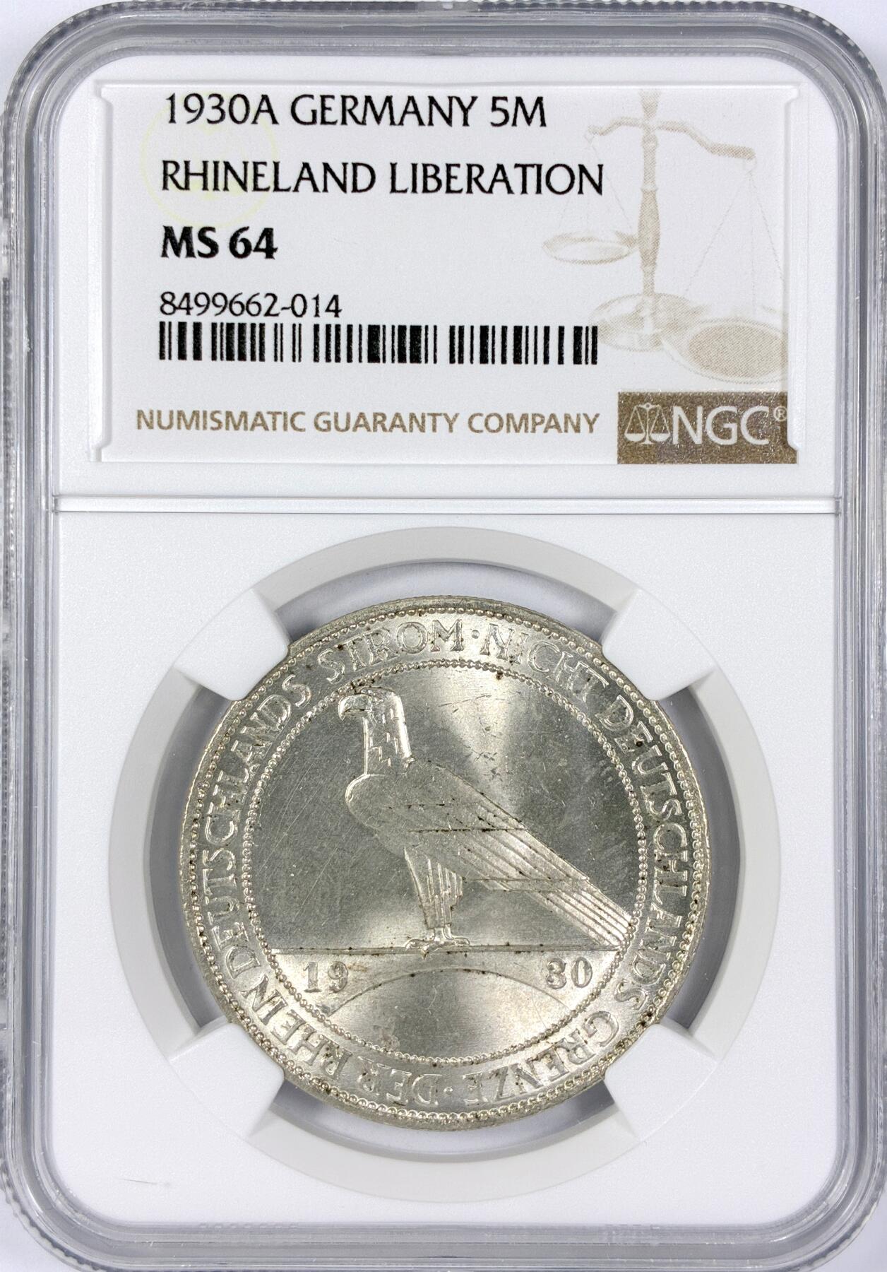 【雨安】【世界币章116期-评级币专场】2025-11-22 周六 19:30 保真【直播拍卖】 [评级德国] Germany 德国 魏玛 5马克 KM#71 莱茵兰鹰桥 1930年  NGC-MS64