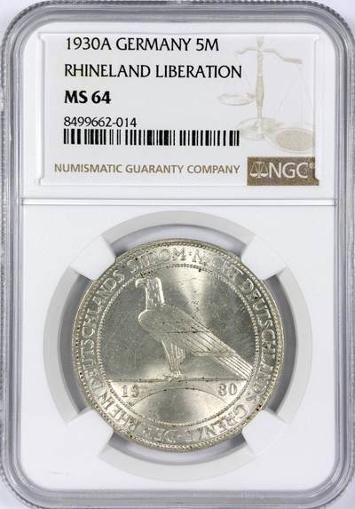 【雨安】【世界币章116期-评级币专场】2025-11-22 周六 19:30 保真【直播拍卖】 - [评级德国] Germany 德国 魏玛 5马克 KM#71 莱茵兰鹰桥 1930年  NGC-MS64
