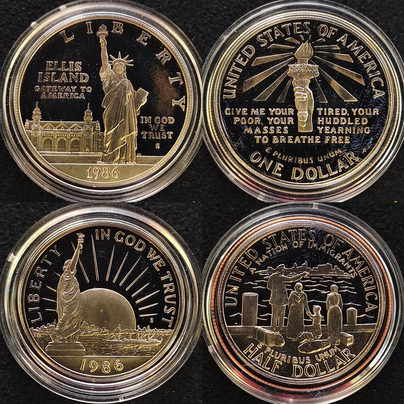 【全场包邮】纯粹捡漏拍479场（免费代拍第16场） 美国1986年自由女神像建立100周年精制纪念银镍2枚全套-盒证全