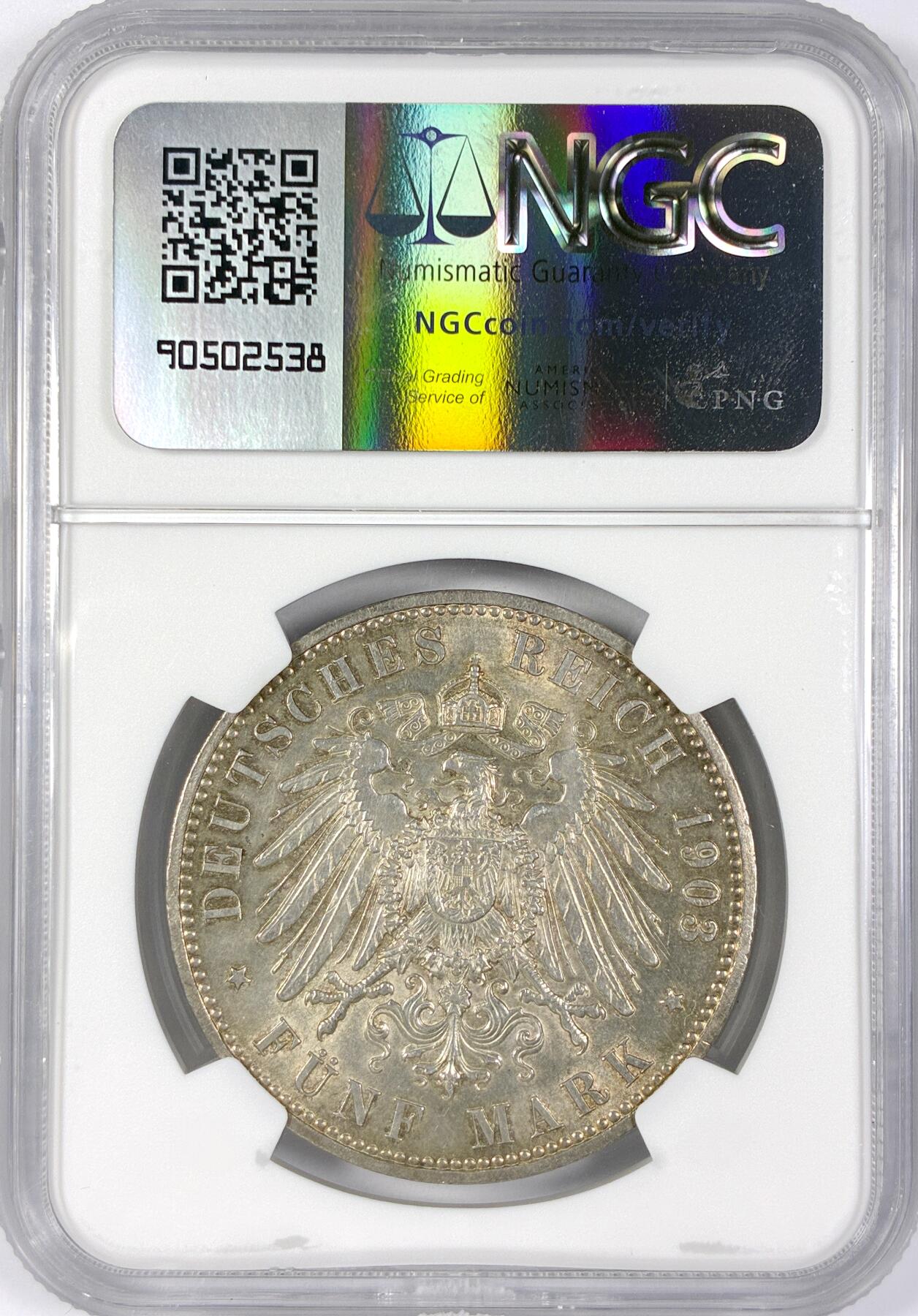 【雨安】【世界币章116期-评级币专场】2025-11-22 周六 19:30 保真【直播拍卖】 [评级德国] Germany 德国 帝国 J.159 萨克森-魏玛-艾森纳赫 5马克 (1903) 威廉·恩斯特大公结婚纪念 1903年  NGC-UNC